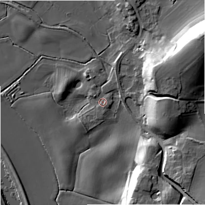 Shaded relief map of the ground around WR89JQ, computed from Environment Agency LiDAR. The ground here sits at about 13 m above sea level and falls 32 m across the surrounding 800 m. Surface water reaching this point runs off ground lying to the east, 1.6 m higher.