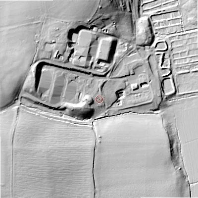 Shaded relief map of the ground around WR89LB, computed from Environment Agency LiDAR. The ground here sits at about 22 m above sea level and falls 32 m across the surrounding 800 m. Surface water reaching this point runs off ground lying to the north-west, 13.3 m higher.