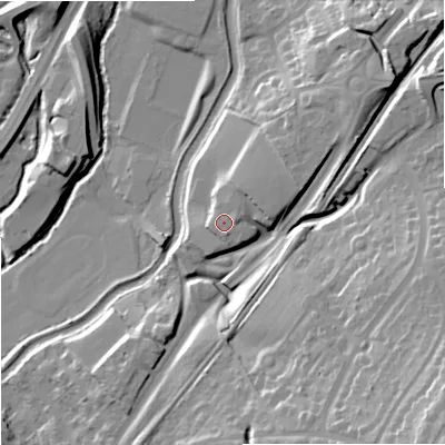 Shaded relief map of the ground around WR90AA, computed from Environment Agency LiDAR. The ground here sits at about 35 m above sea level and falls 33 m across the surrounding 800 m. Surface water reaching this point runs off ground lying to the north-east, 1.4 m higher.