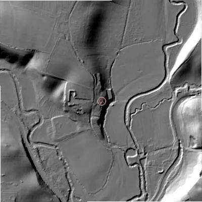 Shaded relief map of the ground around WR90AN, computed from Environment Agency LiDAR. The ground here sits at about 26 m above sea level and falls 26 m across the surrounding 800 m. Surface water reaching this point runs off ground lying to the north-west, 5.9 m higher.