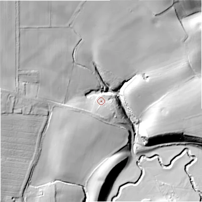 Shaded relief map of the ground around WR90AR, computed from Environment Agency LiDAR. The ground here sits at about 36 m above sea level and falls 41 m across the surrounding 800 m. Surface water reaching this point runs off ground lying to the south-south-west, 4.4 m higher.