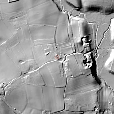 Shaded relief map of the ground around WR90AU, computed from Environment Agency LiDAR. The ground here sits at about 44 m above sea level and falls 27 m across the surrounding 800 m. Surface water reaching this point runs off ground lying to the south-west, 1.9 m higher.