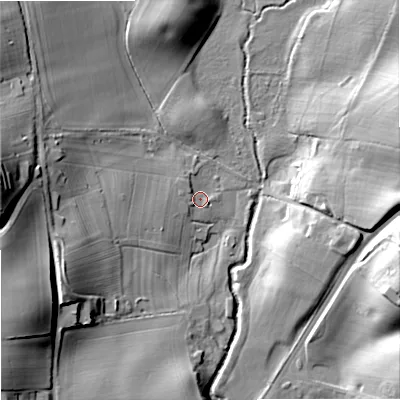 Shaded relief map of the ground around WR90BH, computed from Environment Agency LiDAR. The ground here sits at about 35 m above sea level and falls 26 m across the surrounding 800 m. Surface water reaching this point runs off ground lying to the west-north-west, 2.3 m higher.