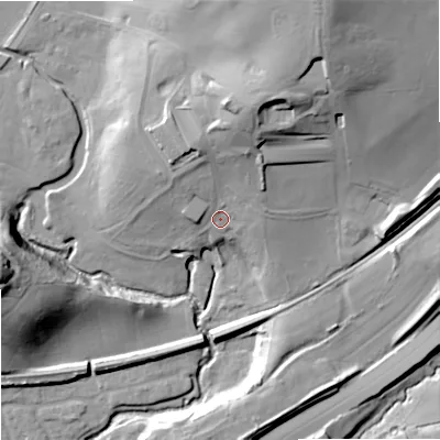 Shaded relief map of the ground around WR90BL, computed from Environment Agency LiDAR. The ground here sits at about 39 m above sea level and falls 35 m across the surrounding 800 m. Surface water reaching this point runs off ground lying to the north-north-east, 18.4 m higher.