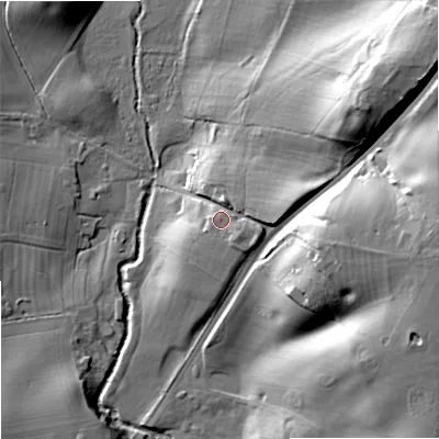 Shaded relief map of the ground around WR90BQ, computed from Environment Agency LiDAR. The ground here sits at about 43 m above sea level and falls 32 m across the surrounding 800 m. Surface water reaching this point runs off ground lying to the east, 6.3 m higher.