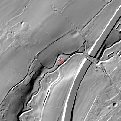 Shaded relief map of the ground around WR90BX, computed from Environment Agency LiDAR. The ground here sits at about 42 m above sea level and falls 15 m across the surrounding 800 m. Surface water reaching this point runs off ground lying to the north-west, 11.5 m higher.