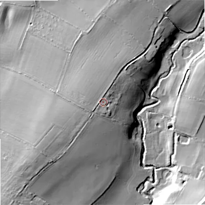 Shaded relief map of the ground around WR90BY, computed from Environment Agency LiDAR. The ground here sits at about 53 m above sea level and falls 20 m across the surrounding 800 m. Surface water reaching this point runs off ground lying to the west, 0.5 m higher.
