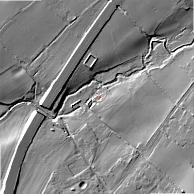 Shaded relief map of the ground around WR90DD, computed from Environment Agency LiDAR. The ground here sits at about 45 m above sea level and falls 15 m across the surrounding 800 m. Surface water reaching this point runs off ground lying to the east-south-east, 5.1 m higher.