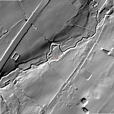 Shaded relief map of the ground around WR90DE, computed from Environment Agency LiDAR. The ground here sits at about 45 m above sea level and falls 19 m across the surrounding 800 m. Surface water reaching this point runs off ground lying to the east-south-east, 2.3 m higher.