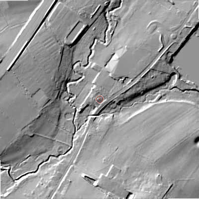 Shaded relief map of the ground around WR90DG, computed from Environment Agency LiDAR. The ground here sits at about 50 m above sea level and falls 14 m across the surrounding 800 m. Surface water reaching this point runs off ground lying to the north-east, 5.9 m higher.