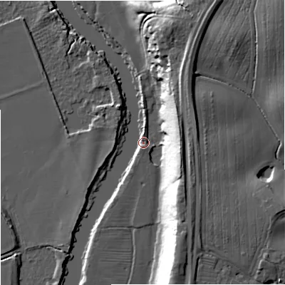 Shaded relief map of the ground around WR90EZ, computed from Environment Agency LiDAR. The ground here sits at about 15 m above sea level and falls 24 m across the surrounding 800 m. Surface water reaching this point runs off ground lying to the east, 24.1 m higher.