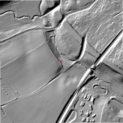 Shaded relief map of the ground around WR90FH, computed from Environment Agency LiDAR. The ground here sits at about 32 m above sea level and falls 32 m across the surrounding 800 m. Surface water reaching this point runs off ground lying to the south, 18.8 m higher.