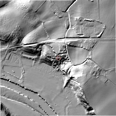 Shaded relief map of the ground around WR90HN, computed from Environment Agency LiDAR. The ground here sits at about 32 m above sea level and falls 51 m across the surrounding 800 m. Surface water reaching this point runs off ground lying to the north-north-east, 18.9 m higher.