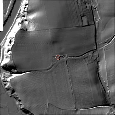 Shaded relief map of the ground around WR90HT, computed from Environment Agency LiDAR. The ground here sits at about 41 m above sea level and falls 35 m across the surrounding 800 m. Surface water reaching this point runs off ground lying to the north-north-west, 6.9 m higher.