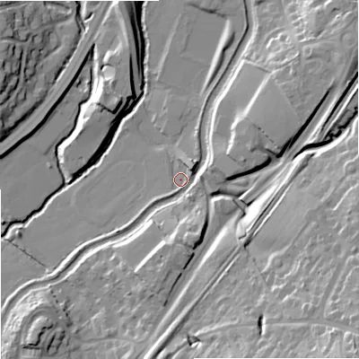 Shaded relief map of the ground around WR90JA, computed from Environment Agency LiDAR. The ground here sits at about 27 m above sea level and falls 30 m across the surrounding 800 m. Surface water reaching this point runs off ground lying to the east-north-east, 9.9 m higher.