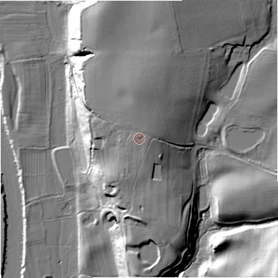 Shaded relief map of the ground around WR90LG, computed from Environment Agency LiDAR. The ground here sits at about 40 m above sea level and falls 33 m across the surrounding 800 m. Surface water reaching this point runs off ground lying to the north, 0.8 m higher.