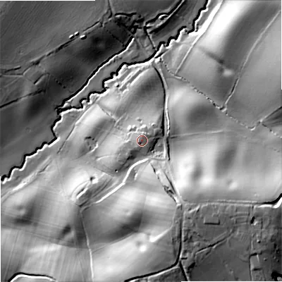 Shaded relief map of the ground around WR90NJ, computed from Environment Agency LiDAR. The ground here sits at about 65 m above sea level and falls 33 m across the surrounding 800 m. Surface water reaching this point runs off ground lying to the south-west, 0.5 m higher.