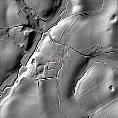 Shaded relief map of the ground around WR90QB, computed from Environment Agency LiDAR. The ground here sits at about 38 m above sea level and falls 15 m across the surrounding 800 m. Surface water reaching this point runs off ground lying to the east-north-east, 1.2 m higher.