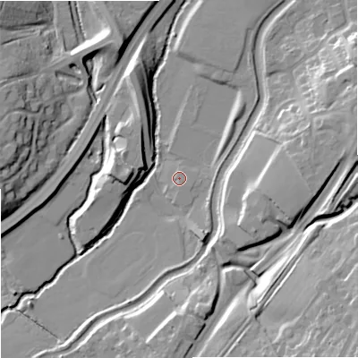 Shaded relief map of the ground around WR90RZ, computed from Environment Agency LiDAR. The ground here sits at about 27 m above sea level and falls 24 m across the surrounding 800 m. Surface water reaching this point runs off ground lying to the south-east, 0.6 m higher.