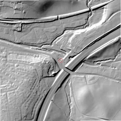 Shaded relief map of the ground around WR97DN, computed from Environment Agency LiDAR. The ground here sits at about 32 m above sea level and falls 32 m across the surrounding 800 m. Surface water reaching this point runs off ground lying to the north-east, 8.6 m higher.