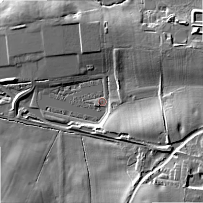 Shaded relief map of the ground around WR97DU, computed from Environment Agency LiDAR. The ground here sits at about 38 m above sea level and falls 22 m across the surrounding 800 m. Surface water reaching this point runs off ground lying to the south-east, 13.6 m higher.