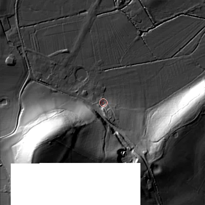 Shaded relief map of the ground around WR97EE, computed from Environment Agency LiDAR. The ground here sits at about 56 m above sea level and falls 49 m across the surrounding 800 m. Surface water reaching this point runs off ground lying to the south-south-east, 8.8 m higher.
