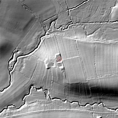 Shaded relief map of the ground around WR97EG, computed from Environment Agency LiDAR. The ground here sits at about 52 m above sea level and falls 17 m across the surrounding 800 m. Surface water reaching this point runs off ground lying to the south-south-east, 5.5 m higher.
