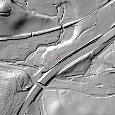 Shaded relief map of the ground around WR97EJ, computed from Environment Agency LiDAR. The ground here sits at about 40 m above sea level and falls 39 m across the surrounding 800 m. Surface water reaching this point runs off ground lying to the east-north-east, 2.4 m higher.