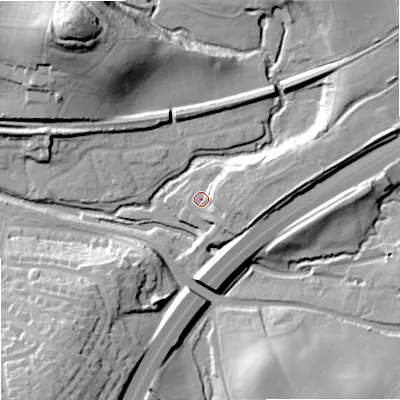 Shaded relief map of the ground around WR97EL, computed from Environment Agency LiDAR. The ground here sits at about 33 m above sea level and falls 39 m across the surrounding 800 m. Surface water reaching this point runs off ground lying to the east-south-east, 6.9 m higher.