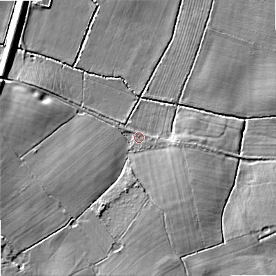 Shaded relief map of the ground around WR97EP, computed from Environment Agency LiDAR. The ground here sits at about 46 m above sea level and falls 9 m across the surrounding 800 m. Surface water reaching this point runs off ground lying to the south-west, 7.4 m higher.