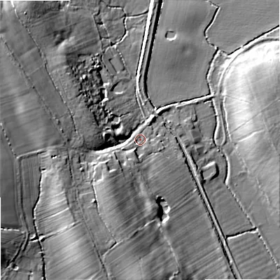 Shaded relief map of the ground around WR97JS, computed from Environment Agency LiDAR. The ground here sits at about 49 m above sea level and falls 17 m across the surrounding 800 m. Surface water reaching this point runs off ground lying to the south-west, 8.5 m higher.