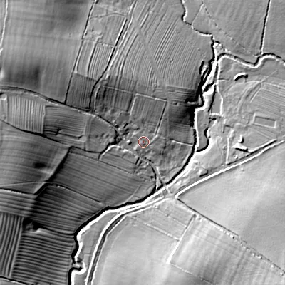 Shaded relief map of the ground around WR97LA, computed from Environment Agency LiDAR. The ground here sits at about 41 m above sea level and falls 18 m across the surrounding 800 m. Surface water reaching this point runs off ground lying to the north, 6.3 m higher.