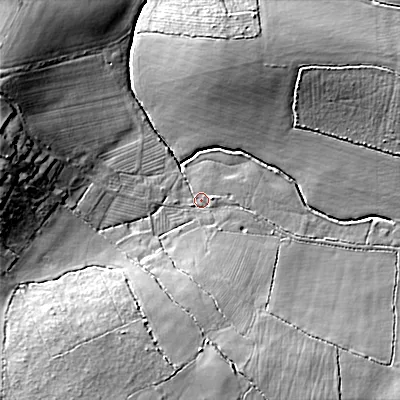 Shaded relief map of the ground around WR97LB, computed from Environment Agency LiDAR. The ground here sits at about 43 m above sea level and falls 17 m across the surrounding 800 m. Surface water reaching this point runs off ground lying to the west, 13.2 m higher.