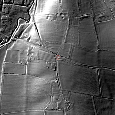 Shaded relief map of the ground around WR97LE, computed from Environment Agency LiDAR. The ground here sits at about 56 m above sea level and falls 23 m across the surrounding 800 m. Surface water reaching this point runs off ground lying to the east-north-east, 2.9 m higher.