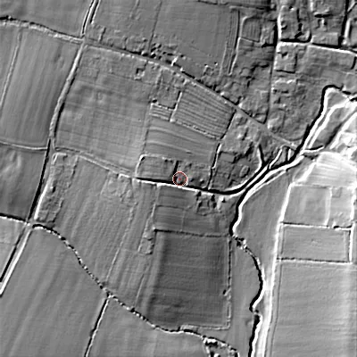 Shaded relief map of the ground around WR97LF, computed from Environment Agency LiDAR. The ground here sits at about 40 m above sea level and falls 11 m across the surrounding 800 m. Surface water reaching this point runs off ground lying to the west, 4.3 m higher.