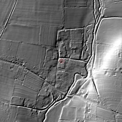Shaded relief map of the ground around WR97LG, computed from Environment Agency LiDAR. The ground here sits at about 39 m above sea level and falls 22 m across the surrounding 800 m. Surface water reaching this point runs off ground lying to the north-north-west, 7.5 m higher.
