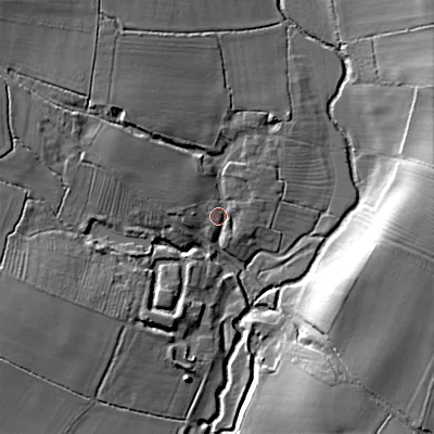 Shaded relief map of the ground around WR97LJ, computed from Environment Agency LiDAR. The ground here sits at about 37 m above sea level and falls 15 m across the surrounding 800 m. Surface water reaching this point runs off ground lying to the north-west, 9.5 m higher.