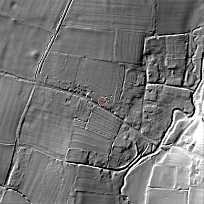 Shaded relief map of the ground around WR97LQ, computed from Environment Agency LiDAR. The ground here sits at about 40 m above sea level and falls 14 m across the surrounding 800 m. Surface water reaching this point runs off ground lying to the north, 8.4 m higher.