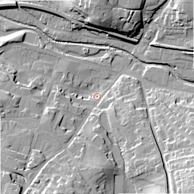 Shaded relief map of the ground around WR98AB, computed from Environment Agency LiDAR. The ground here sits at about 29 m above sea level and falls 32 m across the surrounding 800 m. Surface water reaching this point runs off ground lying to the south-east, 30.9 m higher.