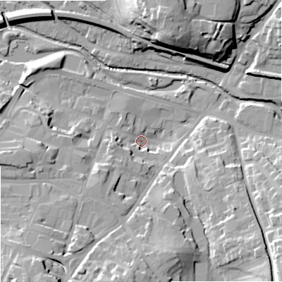 Shaded relief map of the ground around WR98BY, computed from Environment Agency LiDAR. The ground here sits at about 28 m above sea level and falls 29 m across the surrounding 800 m. Surface water reaching this point runs off ground lying to the south-east, 24.2 m higher.