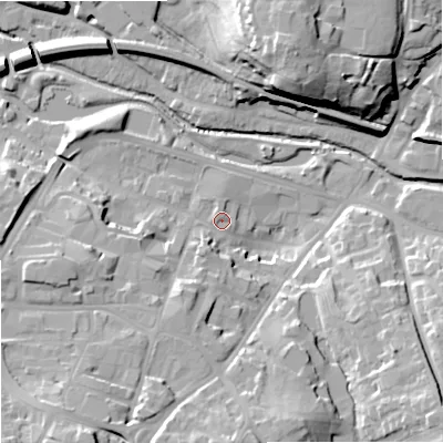 Shaded relief map of the ground around WR98EJ, computed from Environment Agency LiDAR. The ground here sits at about 30 m above sea level and falls 29 m across the surrounding 800 m. Surface water reaching this point runs off ground lying to the south-west, 18.2 m higher.