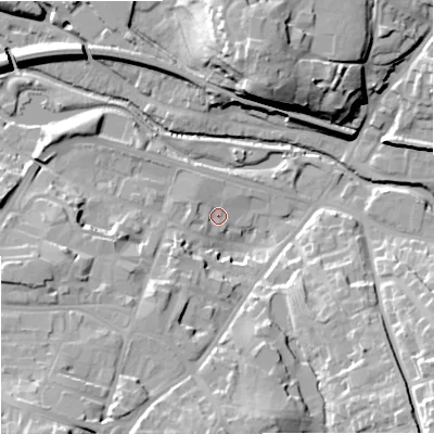 Shaded relief map of the ground around WR98EL, computed from Environment Agency LiDAR. The ground here sits at about 29 m above sea level and falls 29 m across the surrounding 800 m. Surface water reaching this point runs off ground lying to the south-east, 21.6 m higher.