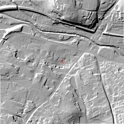 Shaded relief map of the ground around WR98EP, computed from Environment Agency LiDAR. The ground here sits at about 28 m above sea level and falls 29 m across the surrounding 800 m. Surface water reaching this point runs off ground lying to the south-east, 27.7 m higher.