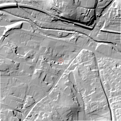 Shaded relief map of the ground around WR98ES, computed from Environment Agency LiDAR. The ground here sits at about 27 m above sea level and falls 29 m across the surrounding 800 m. Surface water reaching this point runs off ground lying to the south-east, 28.0 m higher.