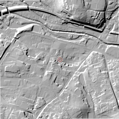 Shaded relief map of the ground around WR98EW, computed from Environment Agency LiDAR. The ground here sits at about 31 m above sea level and falls 29 m across the surrounding 800 m. Surface water reaching this point runs off ground lying to the south-west, 9.5 m higher.
