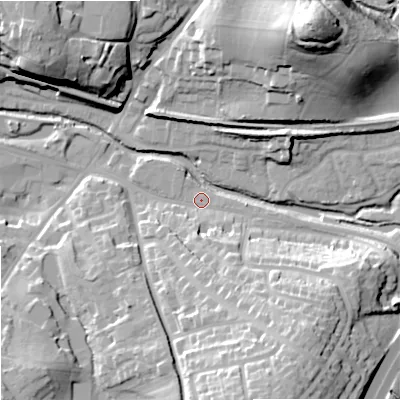 Shaded relief map of the ground around WR98GA, computed from Environment Agency LiDAR. The ground here sits at about 31 m above sea level and falls 39 m across the surrounding 800 m. Surface water reaching this point runs off ground lying to the south-south-east, 23.8 m higher.
