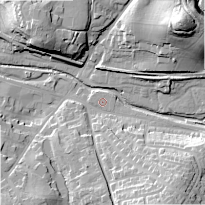 Shaded relief map of the ground around WR98GD, computed from Environment Agency LiDAR. The ground here sits at about 31 m above sea level and falls 39 m across the surrounding 800 m. Surface water reaching this point runs off ground lying to the east-north-east, 0.8 m higher.