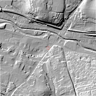 Shaded relief map of the ground around WR98LA, computed from Environment Agency LiDAR. The ground here sits at about 28 m above sea level and falls 32 m across the surrounding 800 m. Surface water reaching this point runs off ground lying to the south-east, 31.0 m higher.