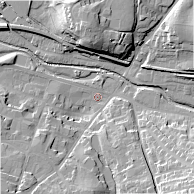 Shaded relief map of the ground around WR98LB, computed from Environment Agency LiDAR. The ground here sits at about 29 m above sea level and falls 30 m across the surrounding 800 m. Surface water reaching this point runs off ground lying to the south-east, 27.1 m higher.