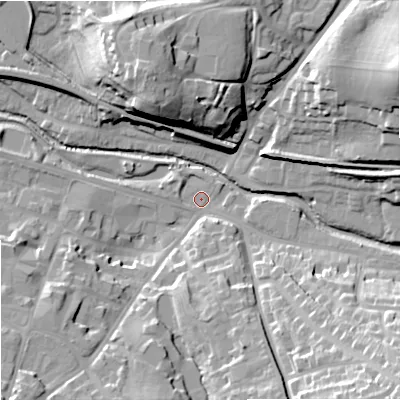 Shaded relief map of the ground around WR98LD, computed from Environment Agency LiDAR. The ground here sits at about 29 m above sea level and falls 31 m across the surrounding 800 m. Surface water reaching this point runs off ground lying to the south-east, 29.1 m higher.